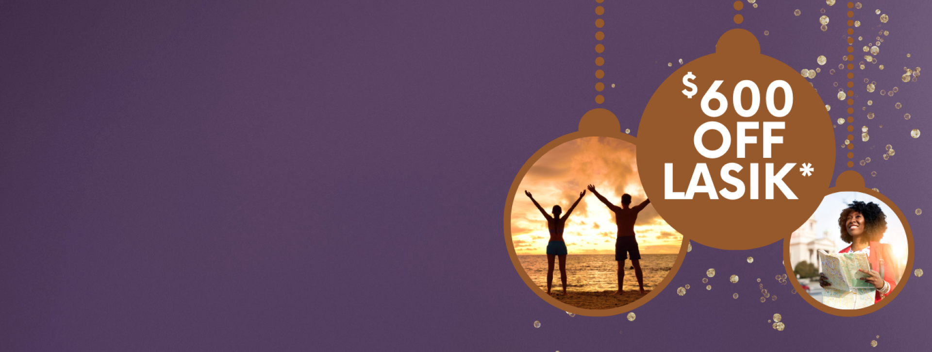 Purple background with gold speckles and gold ornaments with pictures and $600 off lasik text